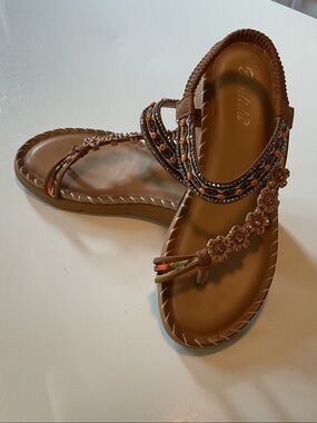 Embellished Brown Women's Sandals with Beaded Straps NWOT